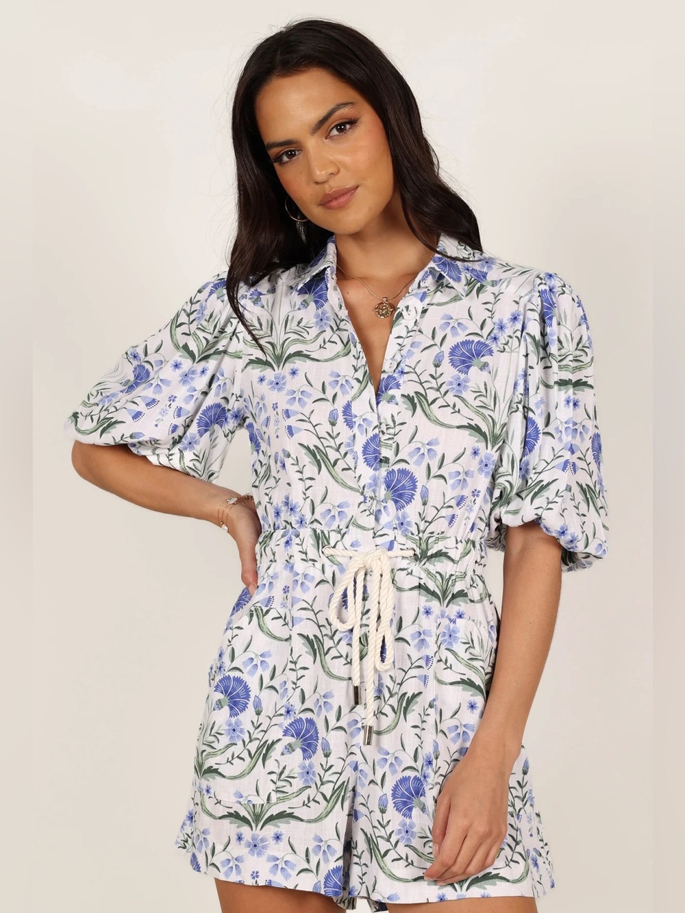 Petal & Pup Blue and White Floral Button-Front Romper